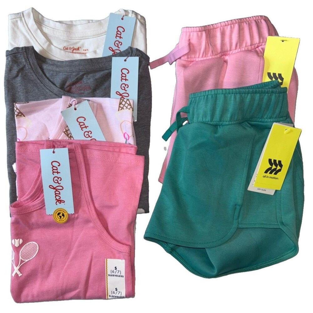Cat & Jack All In Motion Girl’s Size 6/7 Clothing Lot 6pcs NWT Tanks Shorts Tees